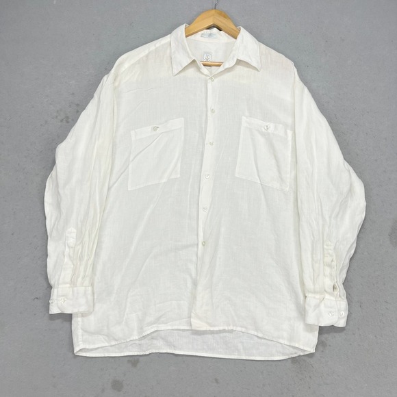 Burma Bibas Mens White 100% Natural Linen Button Down Shirt L Long Sleeve Pocket - Picture 2 of 8